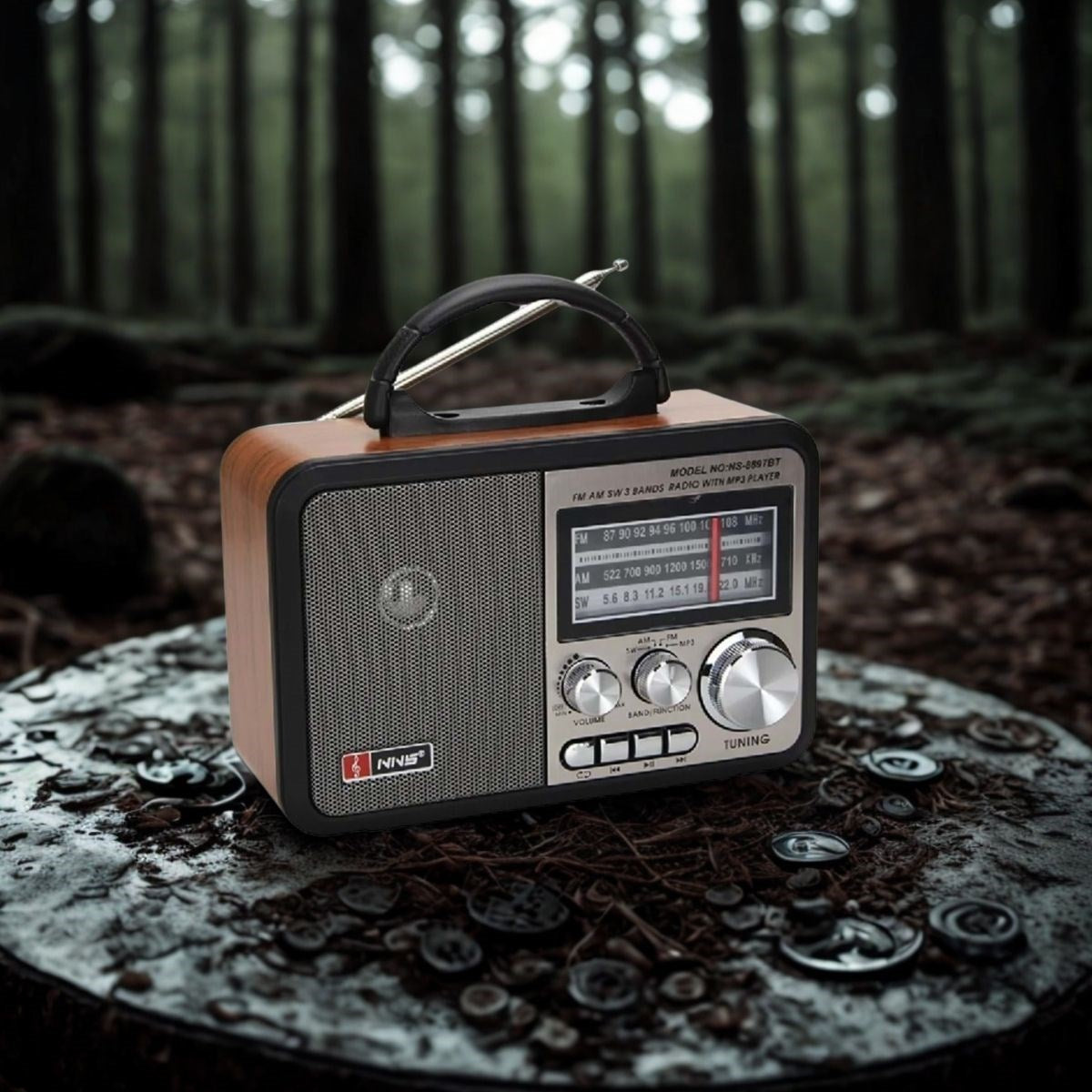 Orta Boy Retro, Nostaljik, Ahşap Tasarım Bluetooth Hoparlörlü, Şarjlı, Taşınabilir FM/AM Destekli Radyo NS-8897