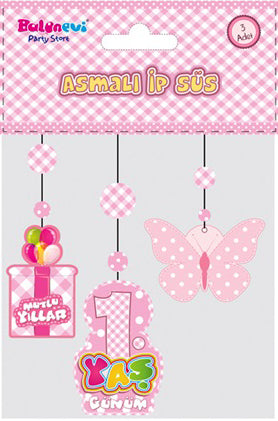 1 Yaş Temalı Asmalı İp Süs Pembe Renk 3 lü Set 12x45 cm