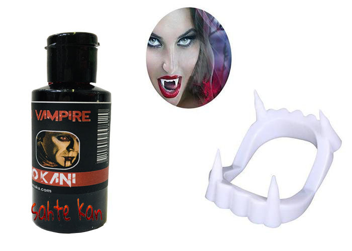 Beyaz Renk Çift Damak Takma Vampir Dişi ve 50 gr Tiyatro Kanı (4620)