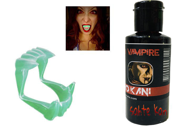 Fosforlu Çift Damak Takma Vampir Dişi ve 50 gr Tiyatro Kanı (4620)