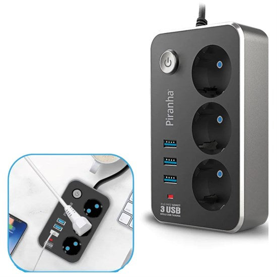 Isıya Dayanıklı Termal Akım Korumalı 2 Mt 10a 2500w 3lü Prız Ve 3 Usbı 2.1a Uzatma Kablosu