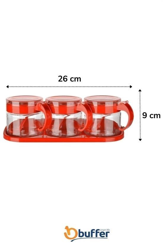 Kırmızı 3lü Standlı Kapaklı Kaşıklı Cam Hava Sızdırmaz Baharatlık Takımı  KC-386