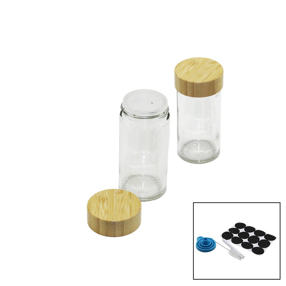 12 Pcs Takim Yuvarlak Cam Baharatlik - Tuzluk Bambu Kapakli