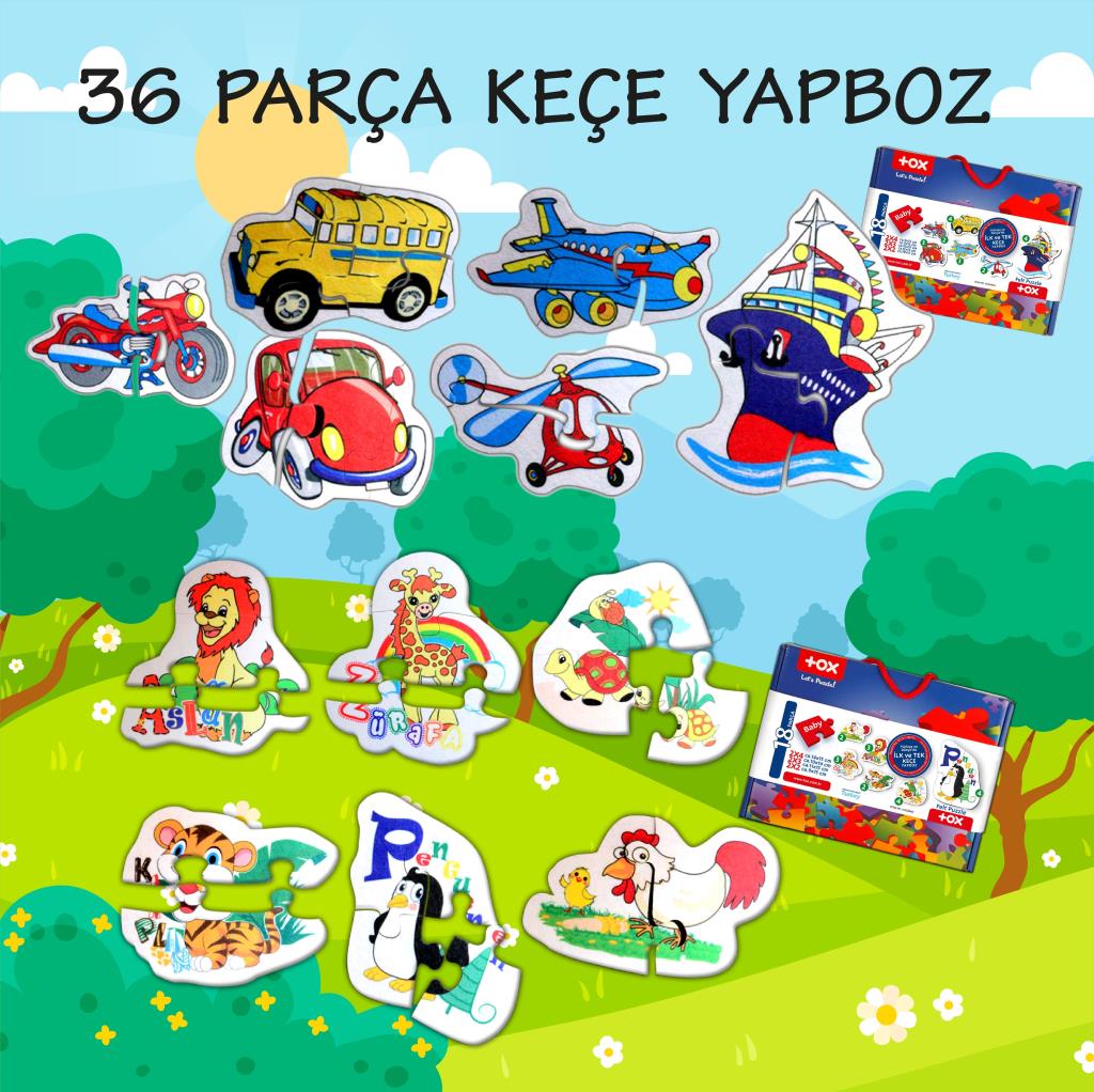 12 Set - 36 Parça  Hayvanlar ve Ulaşım Araçları 2+ Keçe Yapboz - 2 Yaş Puzzle