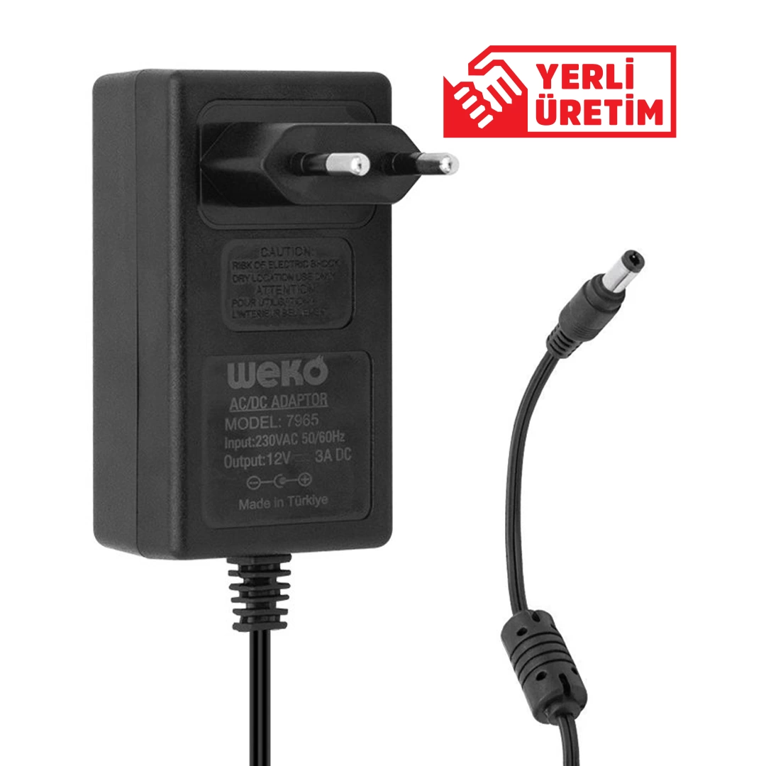 12 Volt - 3 Amper - 36 Watt 5.5*2.5 Uçlu Yerli Üretim Plastik Kasa Priz Tip Adaptör