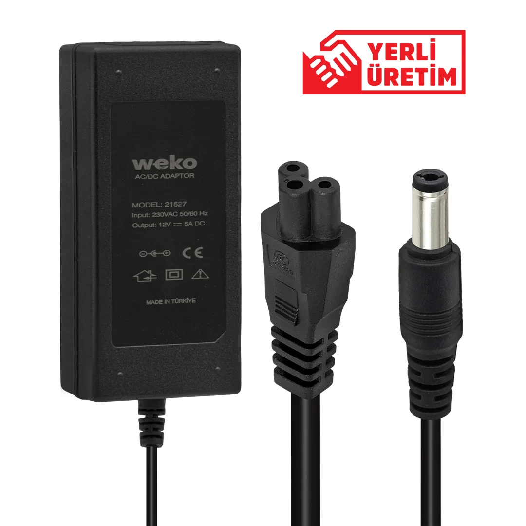 12 Volt - 5 Amper 5.5*2.5 Uçlu Yerli Üretim Plastik Kasa Masaüstü Adaptör