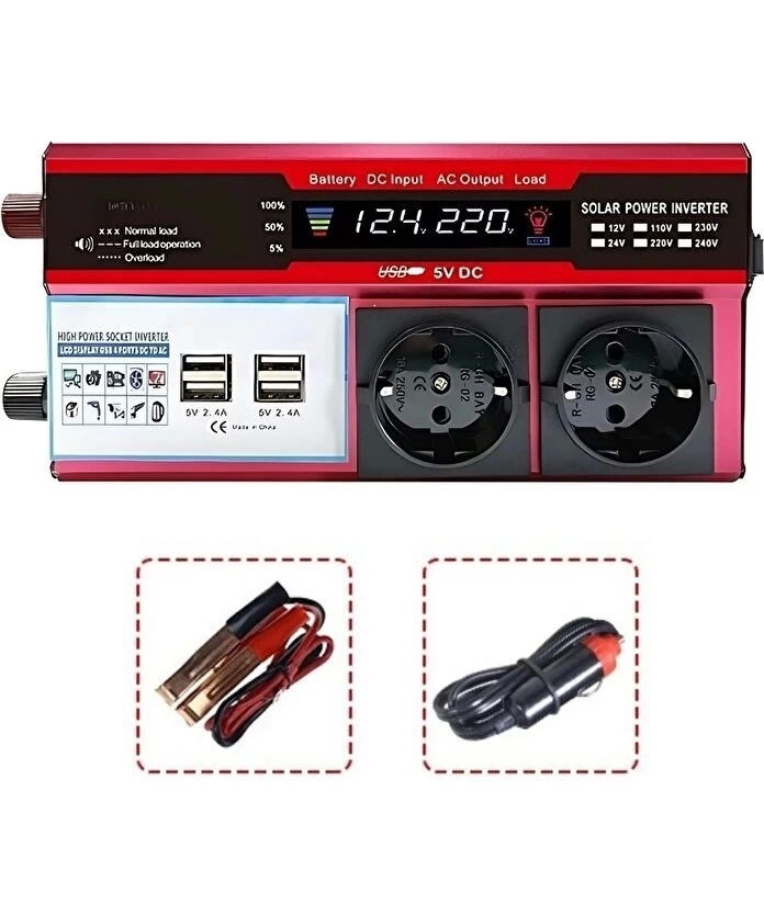® 12v 2000w Modifiye Sinüs İnverter Araç Ve Güneş Enerjisi Uyumlu, Çift Usb, Çift Priz Ve Çakmaklık Light up
