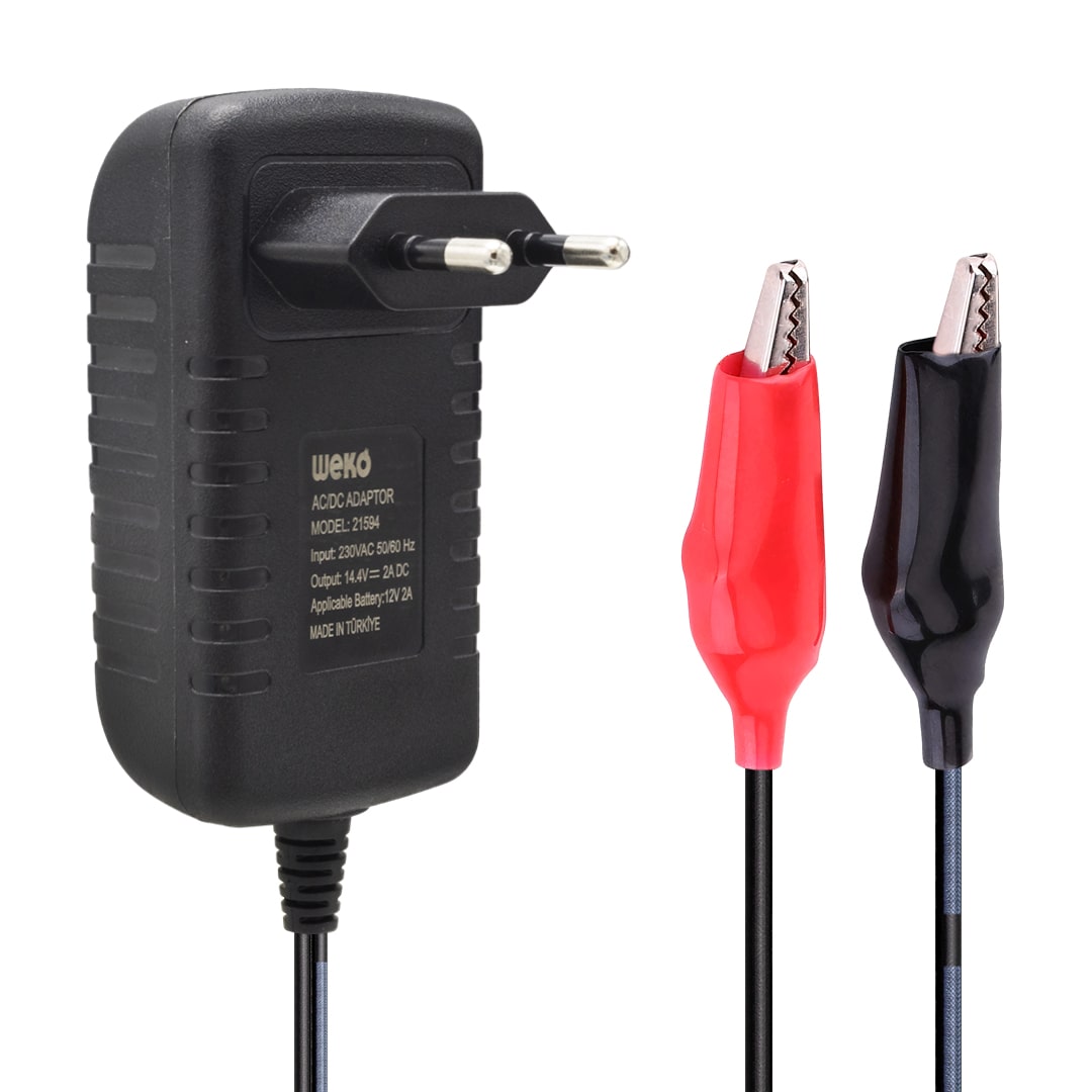 14.4 VOLT - 2 AMPER KIRMIZI*YEŞİL LEDLİ YERLİ ÜRETİM KROKODİL UÇLU AKÜ ŞARJ CİHAZI