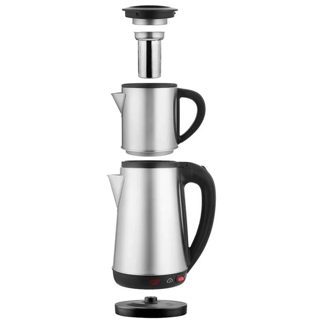 1800W 1.8 - 0.8 Litre Çelik Hazneli Çaycı Mutfak Kettle Demlikli Ve Süzgeçli Inox CRW-2201
