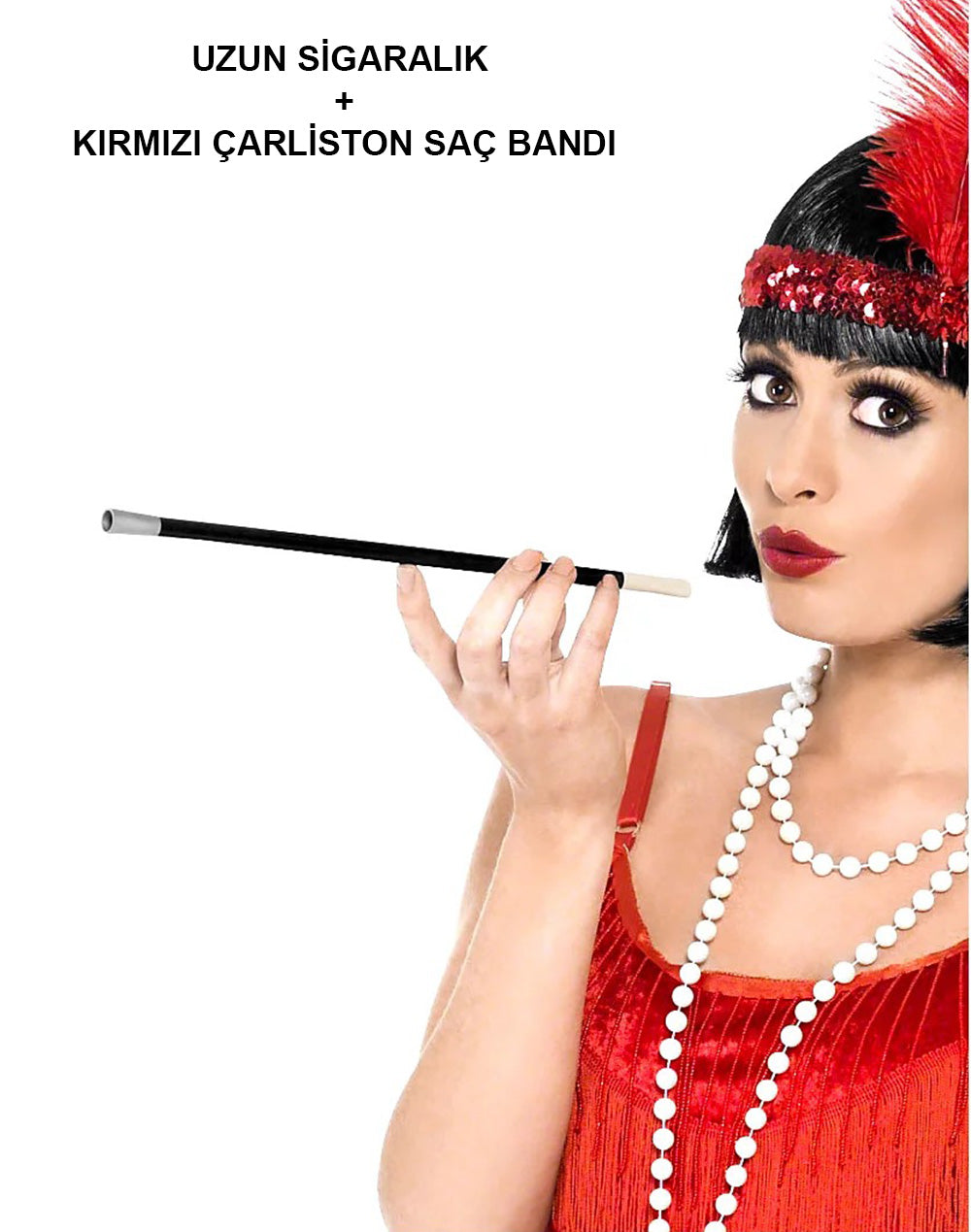 1920&amp;apos;ler 1990&amp;apos;lar Gatsby Kadın Aksesuar Seti – Kırmızı Charleston Saç Bandı ve Si