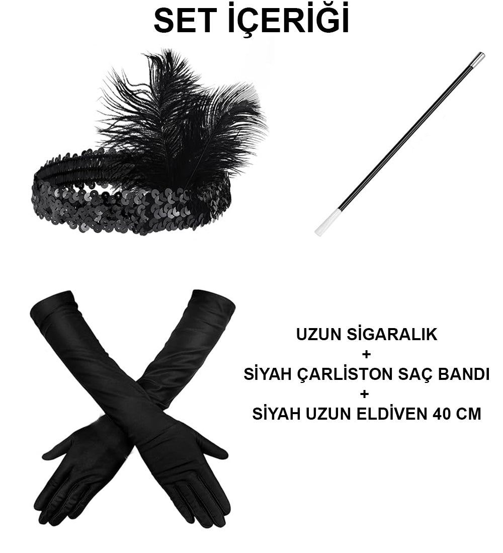 1920&amp;apos;ler Gatsby Aksesuar Seti – Siyah Charleston Saç Bandı, Uzun Eldiven &amp;amp;amp; Sig