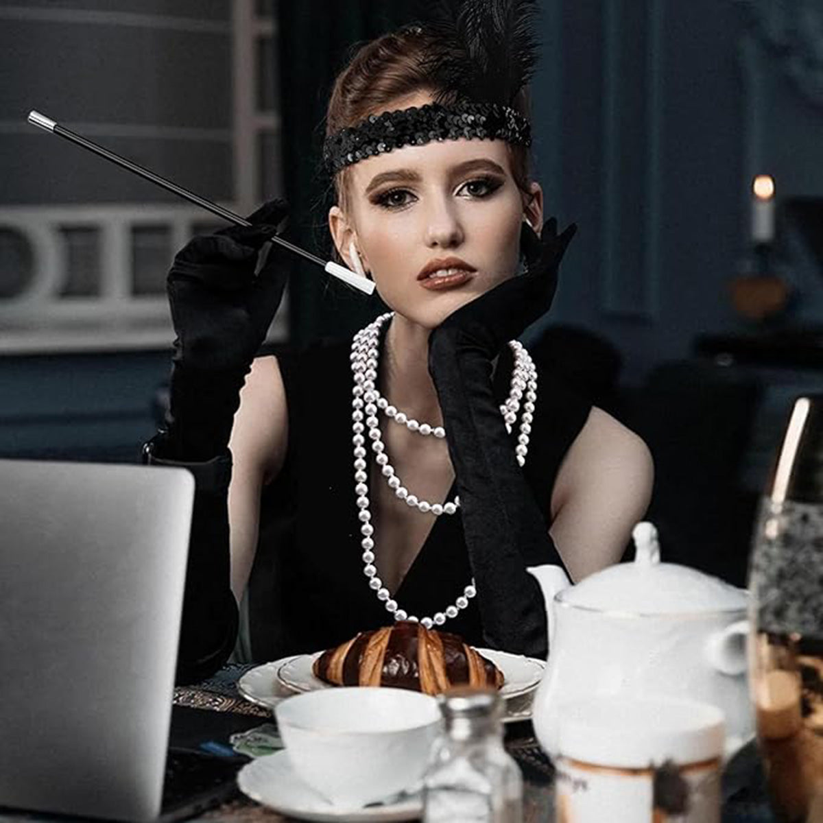 1920&amp;apos;ler Gatsby Aksesuar Seti – Siyah Charleston Saç Bandı, Uzun Eldiven &amp;amp;amp; Sig