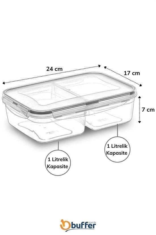 2 Bölmeli 1+1 Litre Kilitli Kapaklı Erzak Saklama Kabı Lc-525