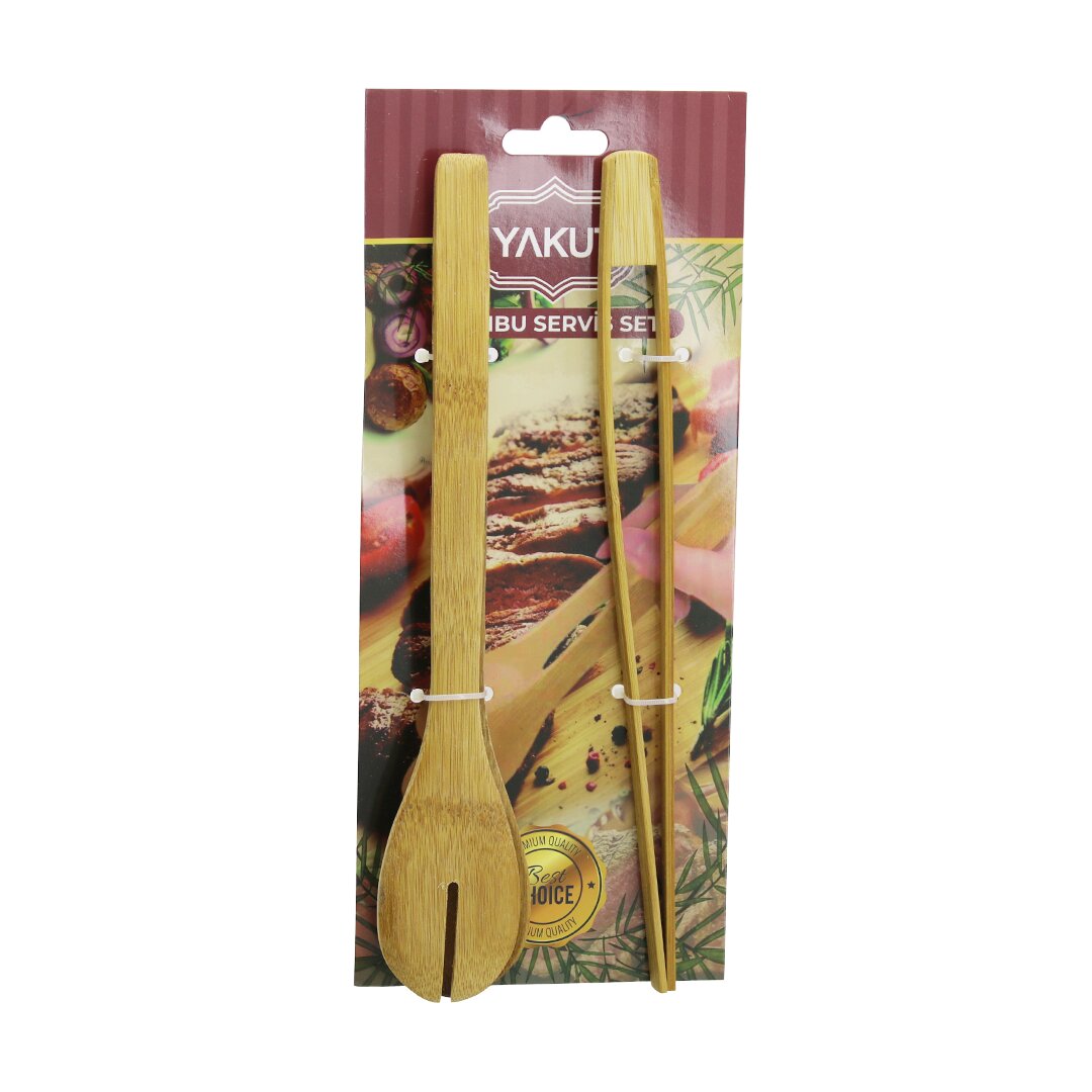 2 Pcs Ahşap Bambu Maşa Seti̇ İnce Izgara - Kaşikli Servi̇s Maşa