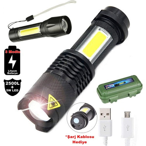 2500 Lumens + 5W COB LED USB Lion Şarjlı Ultra Güçlü Q5 XPE Su Geçirmez Şarjlı El Feneri (4620)