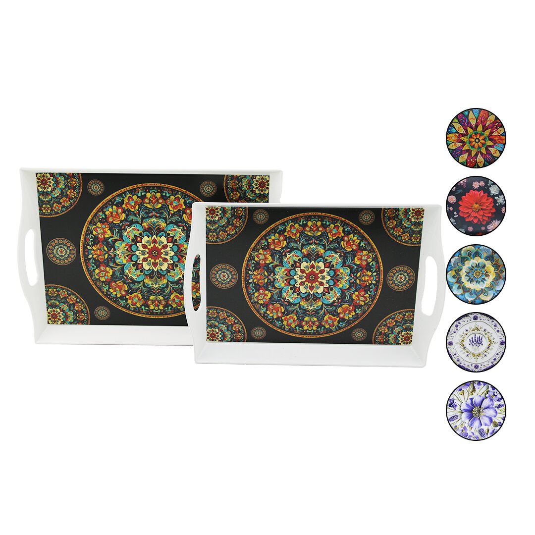 2li̇ Set - Di̇kdörtgen  Lotus Tepsi̇ Kulplu Renkli̇ Desenli̇ 22.2x30.4cm - 25.5x33.8cm