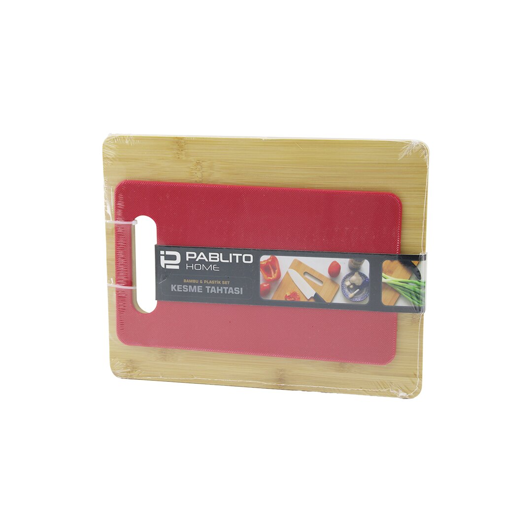 2pcs Set=ahşap Bambu - Plasti̇k Kesi̇m Panosu - Kesme Tahtasi Pls:15x25cm- Ahş:22x28cm