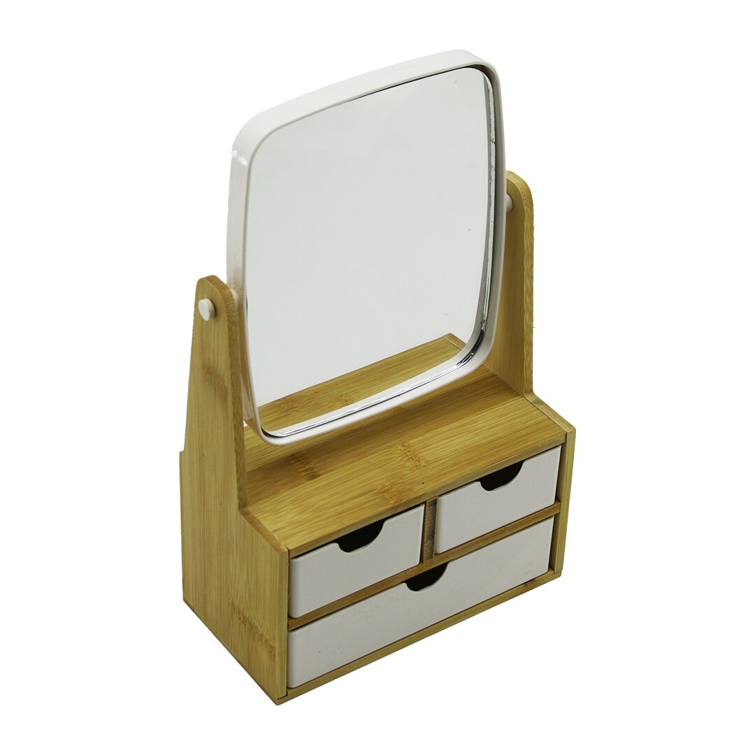 3 çekmeceli̇ Bambu Ahşap Standli=9x9.5x18x21.5cm Makyaj Aynasi=15x18cm Takilik 2+1 Organi̇zer