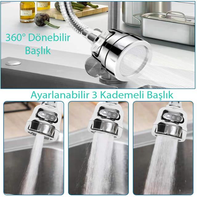 3 Kademeli Tasarruflu Universal Mutfak Musluk Başlığı