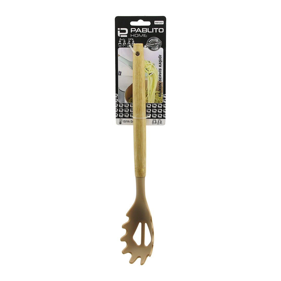 30.7cm   Si̇li̇kon   Makarna Servi̇s Kaşik   Ahşap Bambu Sap