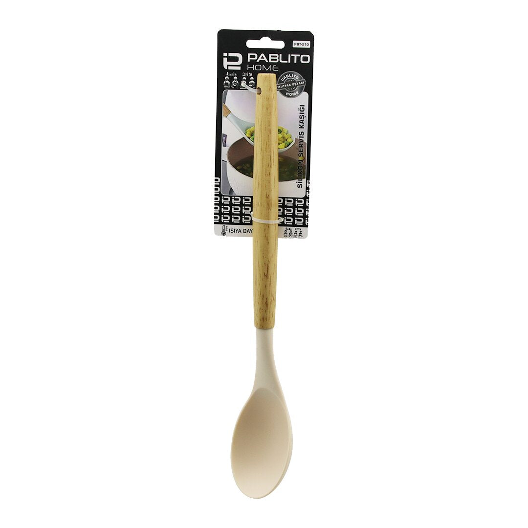 31.5cm   Si̇li̇kon   Servi̇s Kaşik   Ahşap Bambu Sap   Isiya Dayanikli