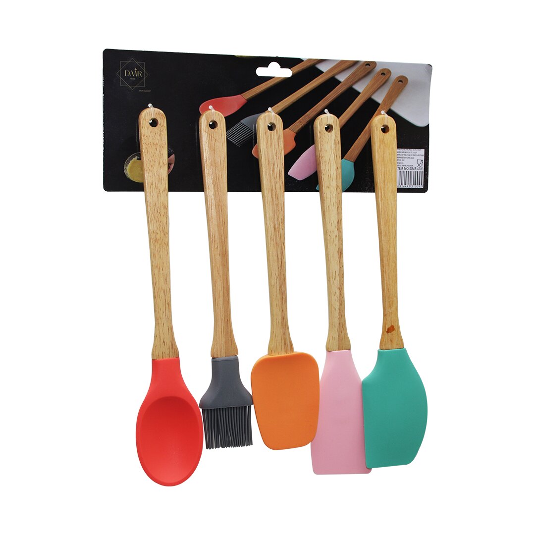 5 PARÇA AHŞAP SAPLI BÜYÜK RENKLİ SİLİKON MUTFAK SET FIRÇA - KAŞIK - SERVİS K. - SPATULA - KARIŞTIRI