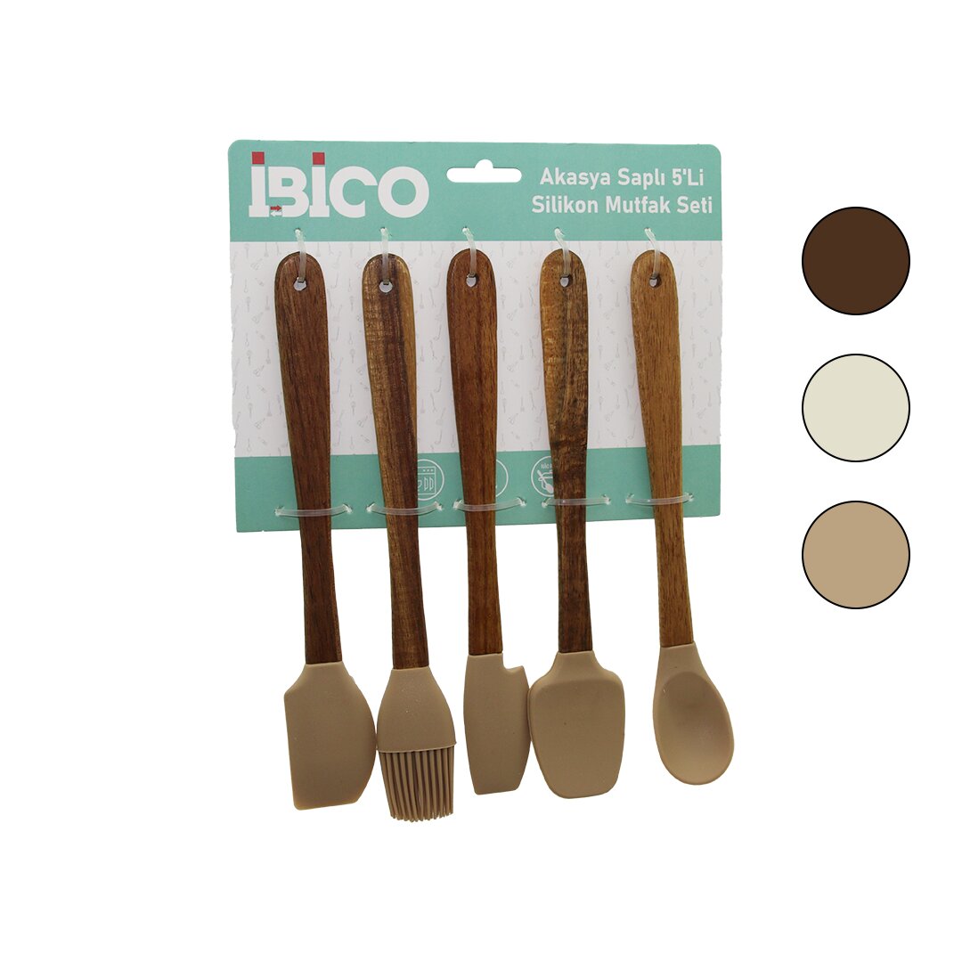 5 Pcs - Mi̇ni̇=21cm Renkli̇ Si̇li̇kon Mutfak Seti̇ 3-spatula - 1-yumurta Firçasi - 1-kaşik Ahşap Akasya Sapli