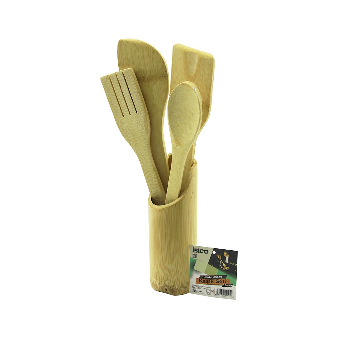 5PCS AHŞAP BAMBU MUTFAK SETİ STAND - KAŞIK - ÇATAL - 2 SPATULA FİLELİ