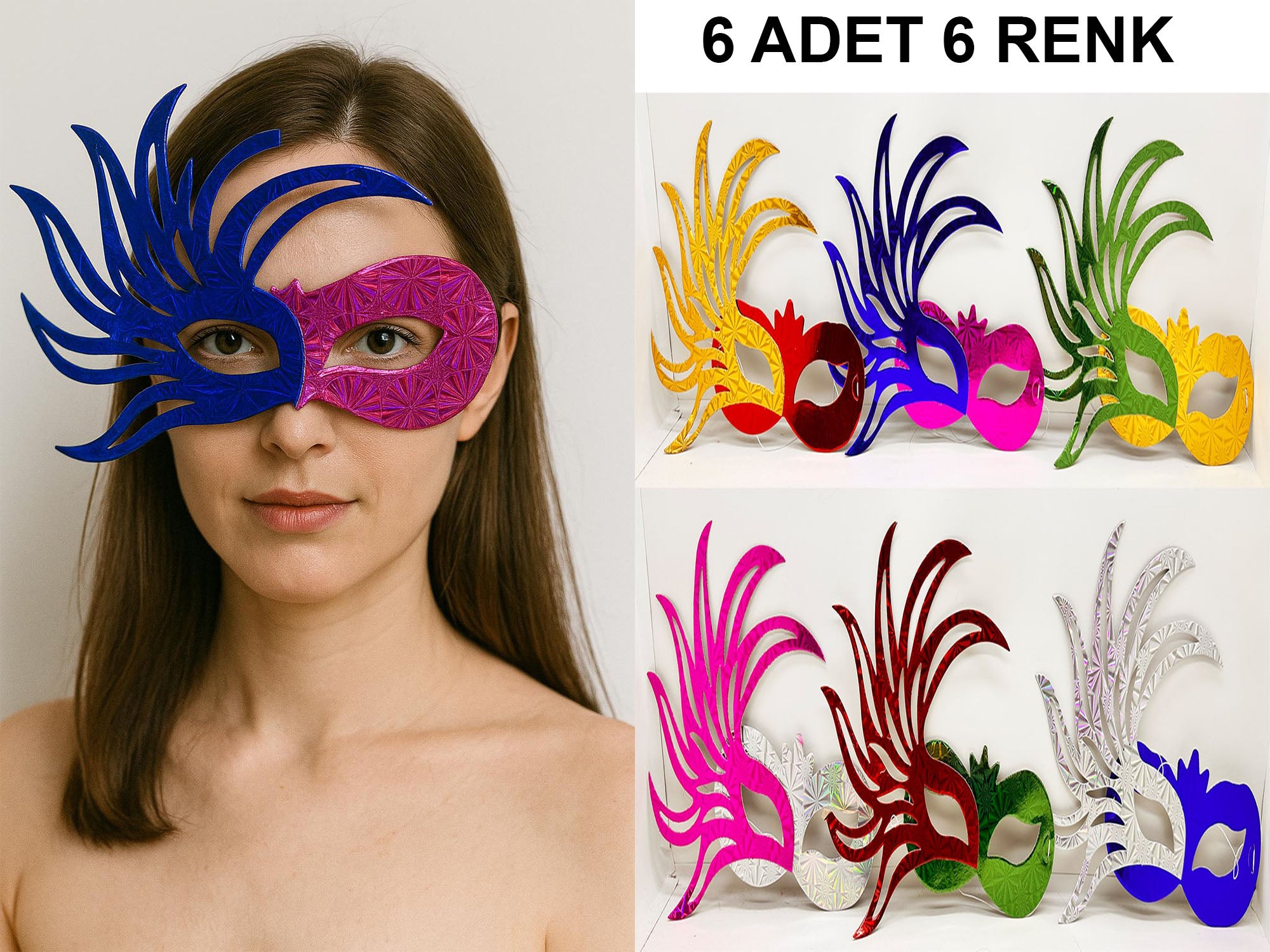 6&amp;apos;lı Renkli Balo Maskesi Seti | Karton &amp;amp;amp; Lastikli