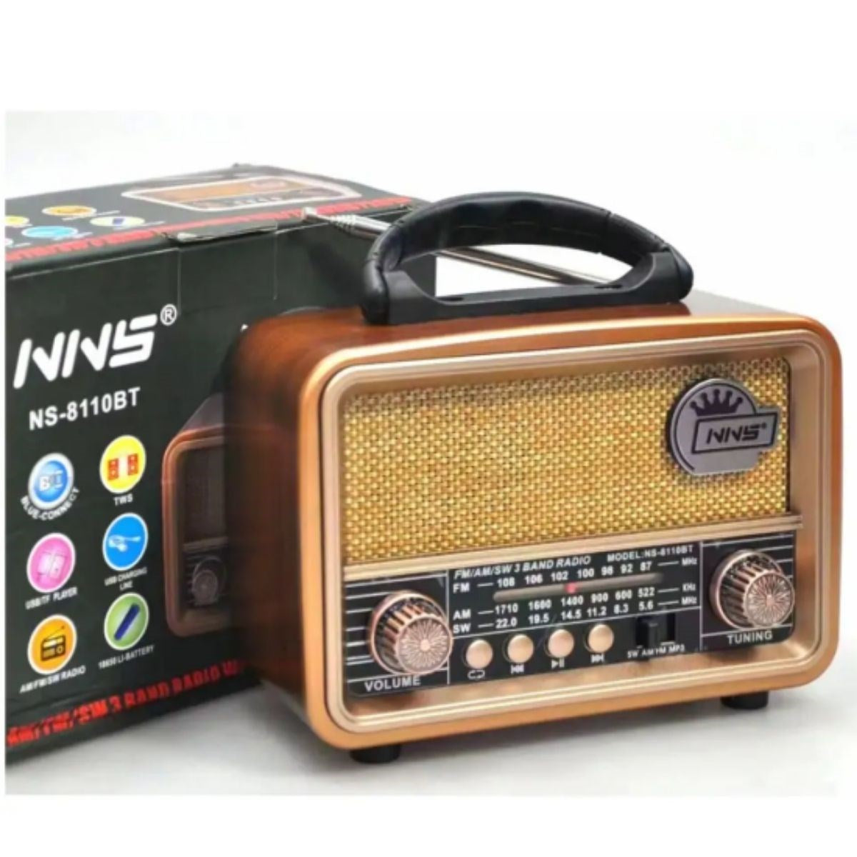 Orta  Boy Retro, Nostaljik, Ahşap Tasarım Bluetooth Hoparlörlü, Şarjlı, Taşınabilir FM/AM Destekli Radyo NS-8110