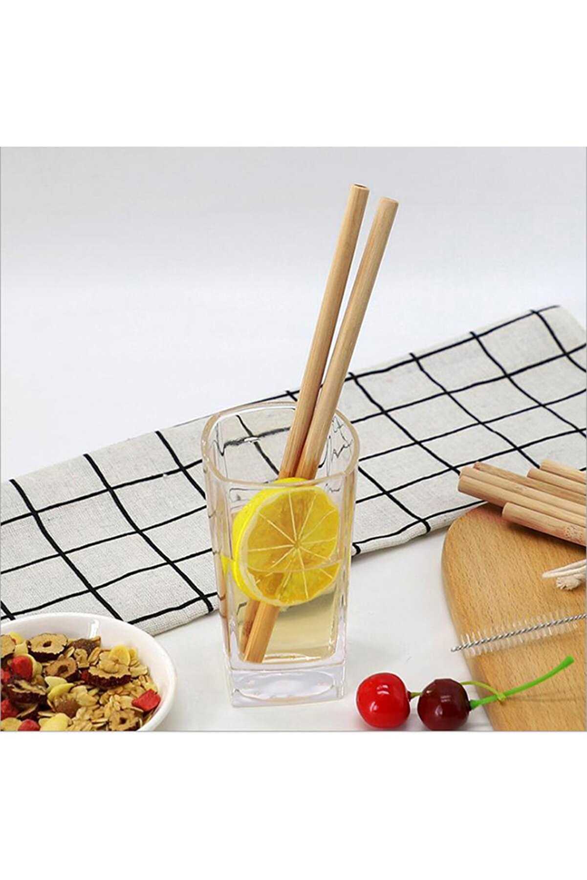 10 Adet Doğal Bambu Pipet Vegan Pipeti ve Temizleme Fırçası