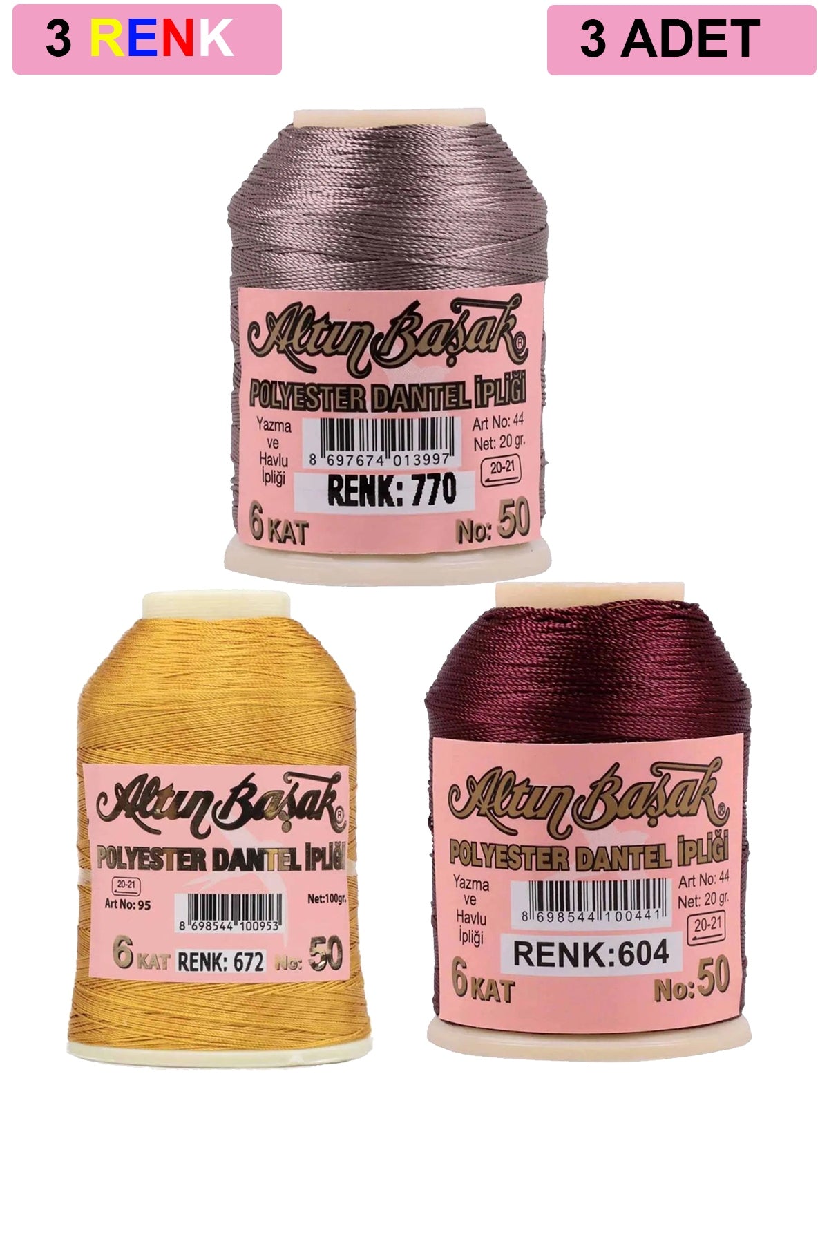 3 Adet Altınbaşak Oya ve Dantel İpi 20 gr - Royaleks - No: 672 - 604 - 770