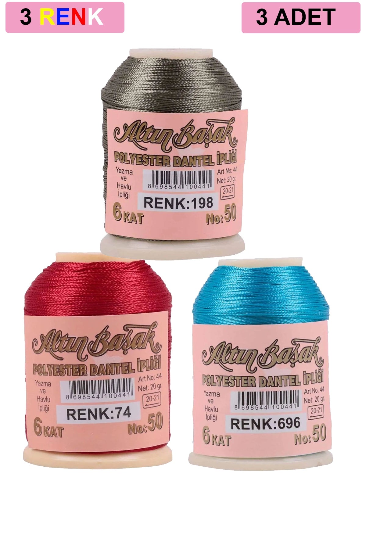 3 Adet Altınbaşak Oya ve Dantel İpi 20 gr - Royaleks - No: 074 - 696 - 198