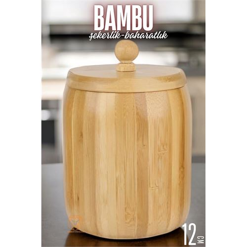 Turk Bambu Şekerlik Baharatlık Çok Amaçlı Ahşap Saklama Kabı 12 CM