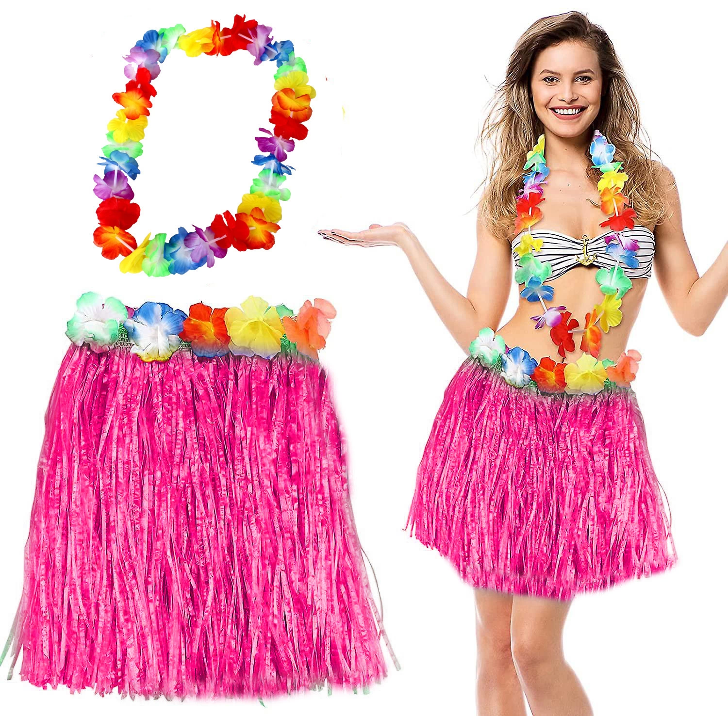 Hawaii Luau Aloha Pembe Püsküllü 40 Cm Etek Ve Hawaii Kolye Seti