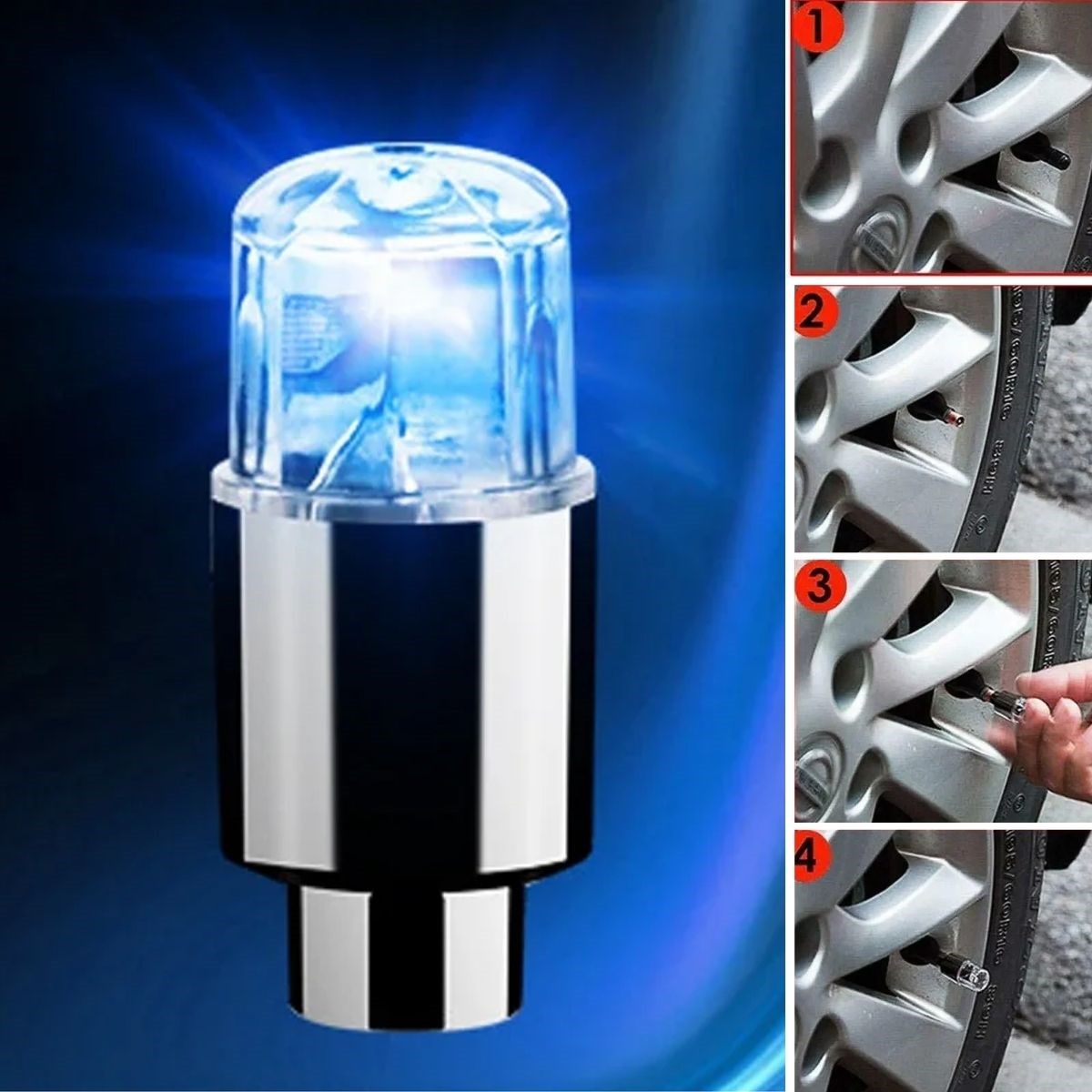 Araç ve Bisiklet İçin 2’li Mavi LED Hava Valfi Işık Kapakları–Gece Parlayan Lastik Lambası Sibop Ka