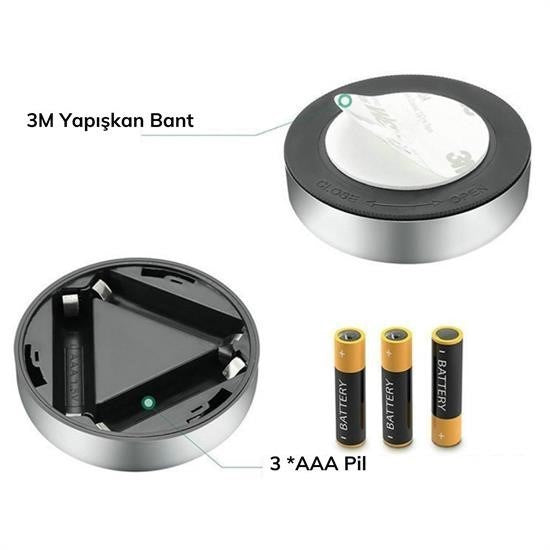 Kablosuz Spot Pilli Dokunmatik Led Lamba 3 Ledli Dolap Lambası