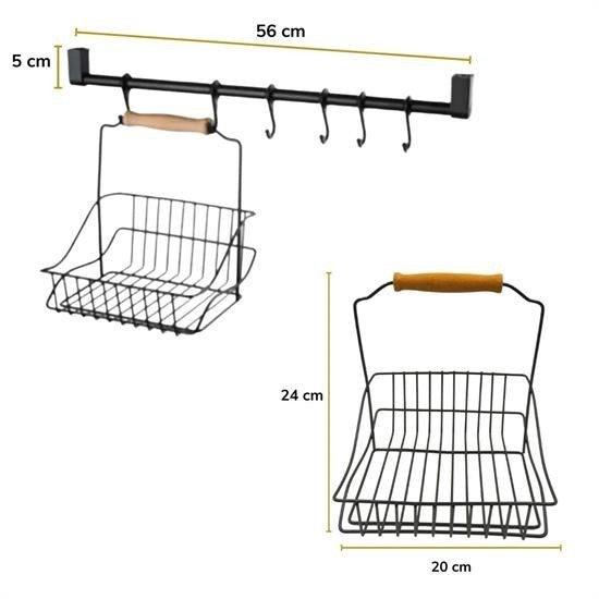 Retro Ferforje Askılı Siyah  Ahşap Kulplu Düzenleyici Mutfak Sepeti