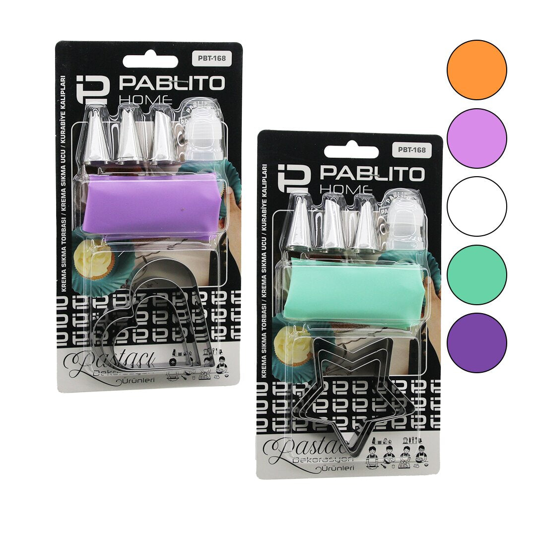8pcs Pasta Süsleme Dekorasyon Seti̇=krema Torbasi - Metal Uç - Kurabi̇ye Kalip=kalp-yildiz