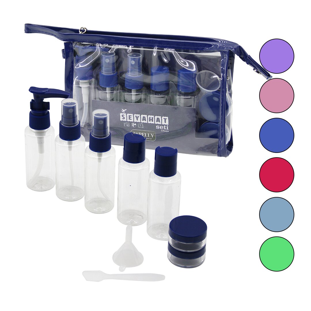 9 Pcs Seyahat Kozmeti̇k Set 5-pls.pompali+sprey+kapakli şi̇şe50ml- 2-krem Kutu10gr- 1-huni̇ - 1-spatula