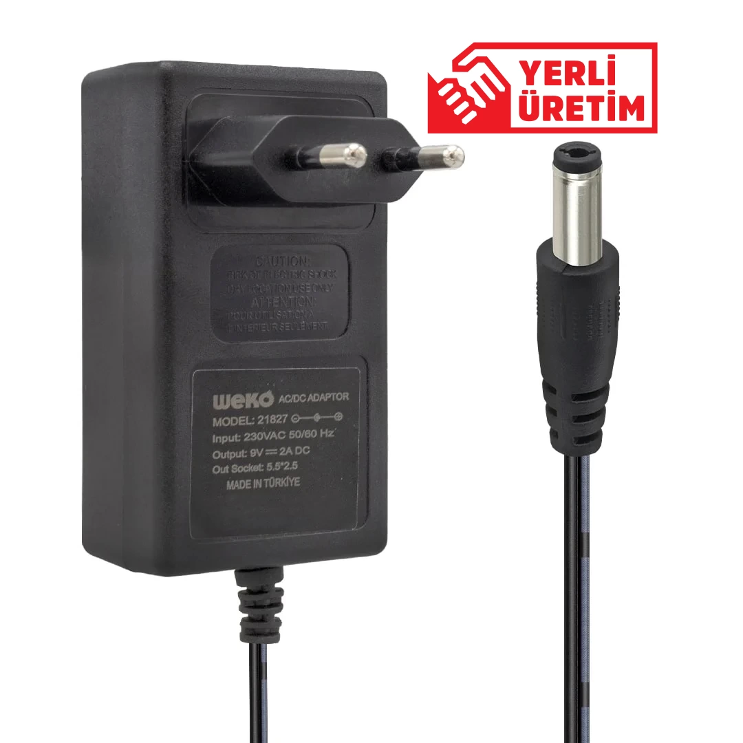 9 Volt - 2 Amper 5.5*2.5 Uçlu Yerli Üretim Plastik Kasa Priz Tipi Adaptör