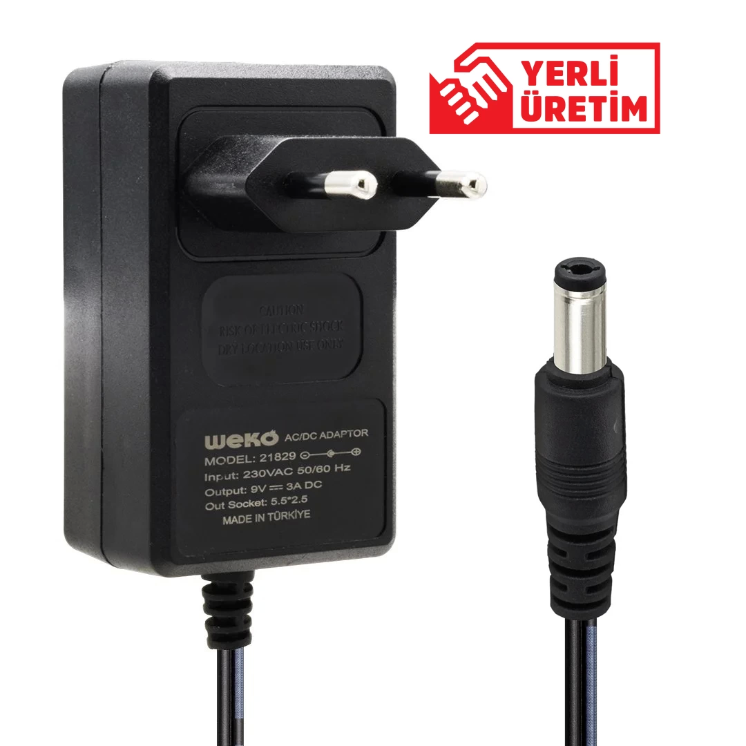 9 Volt - 3 Amper 5.5*2.5 Uçlu Yerli Üretim Plastik Kasa Priz Tipi Adaptör