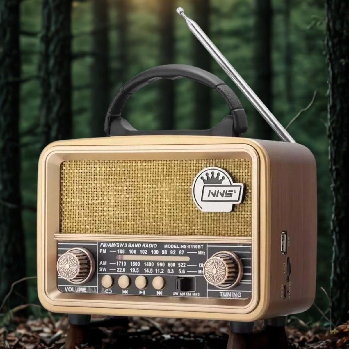 Orta  Boy Retro, Nostaljik, Ahşap Tasarım Bluetooth Hoparlörlü, Şarjlı, Taşınabilir FM/AM Destekli Radyo NS-8110