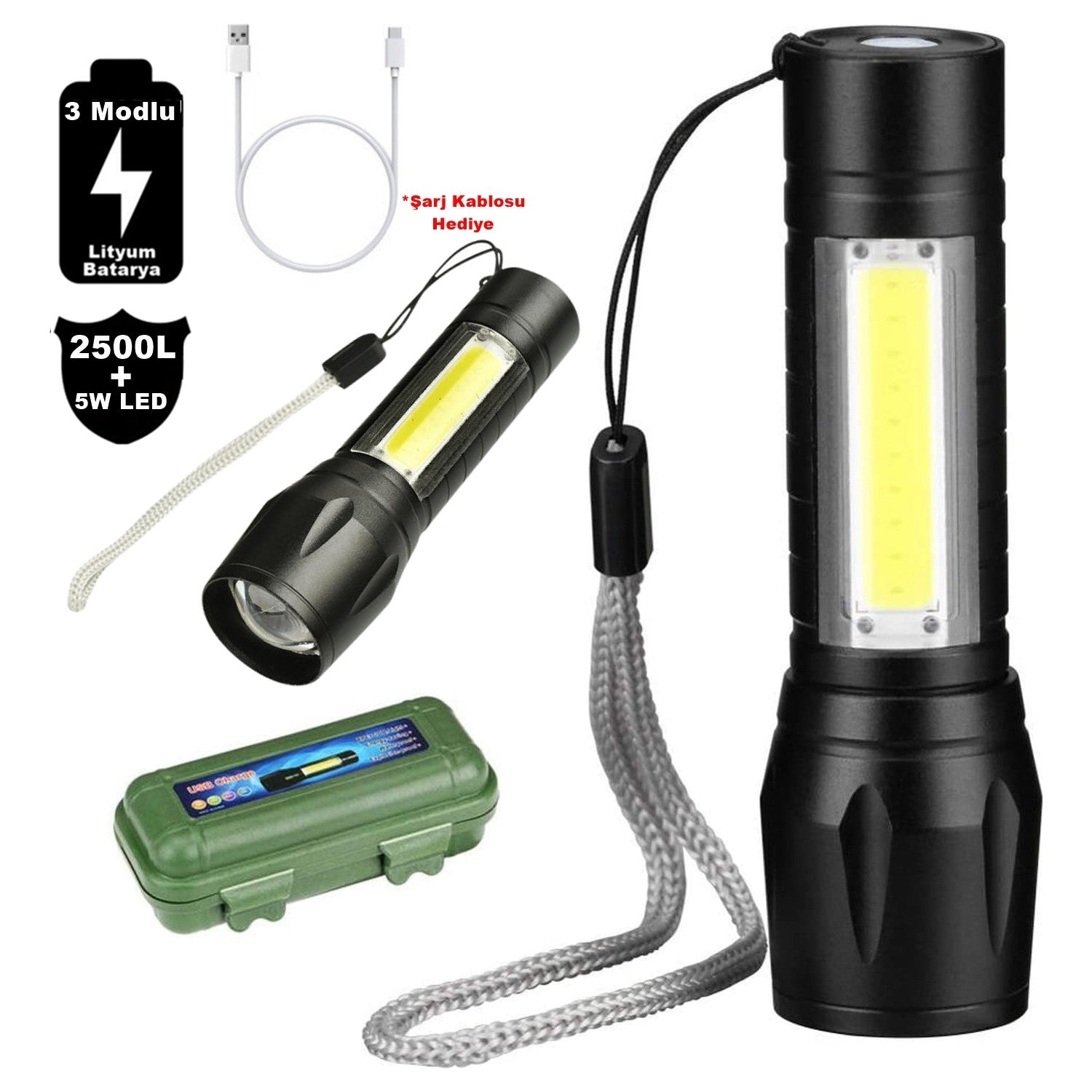 Su Geçirmez Şarjlı El Feneri 2500 Lumens + 5W COB LED USB Lion Şarjlı Ultra Güçlü Q5 XPE (4620)