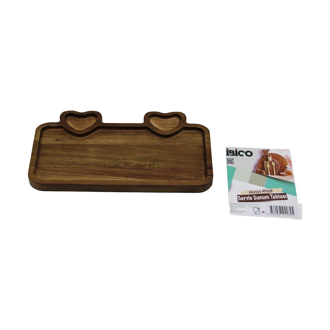 AKASYA DİKDÖRTGEN   3 BÖLMELİ=2İN1 KALP BÖLME+1  AHŞAP SERVİS SUNUM TEPSİ - TAHTASI  25 X 14 X 1.4C