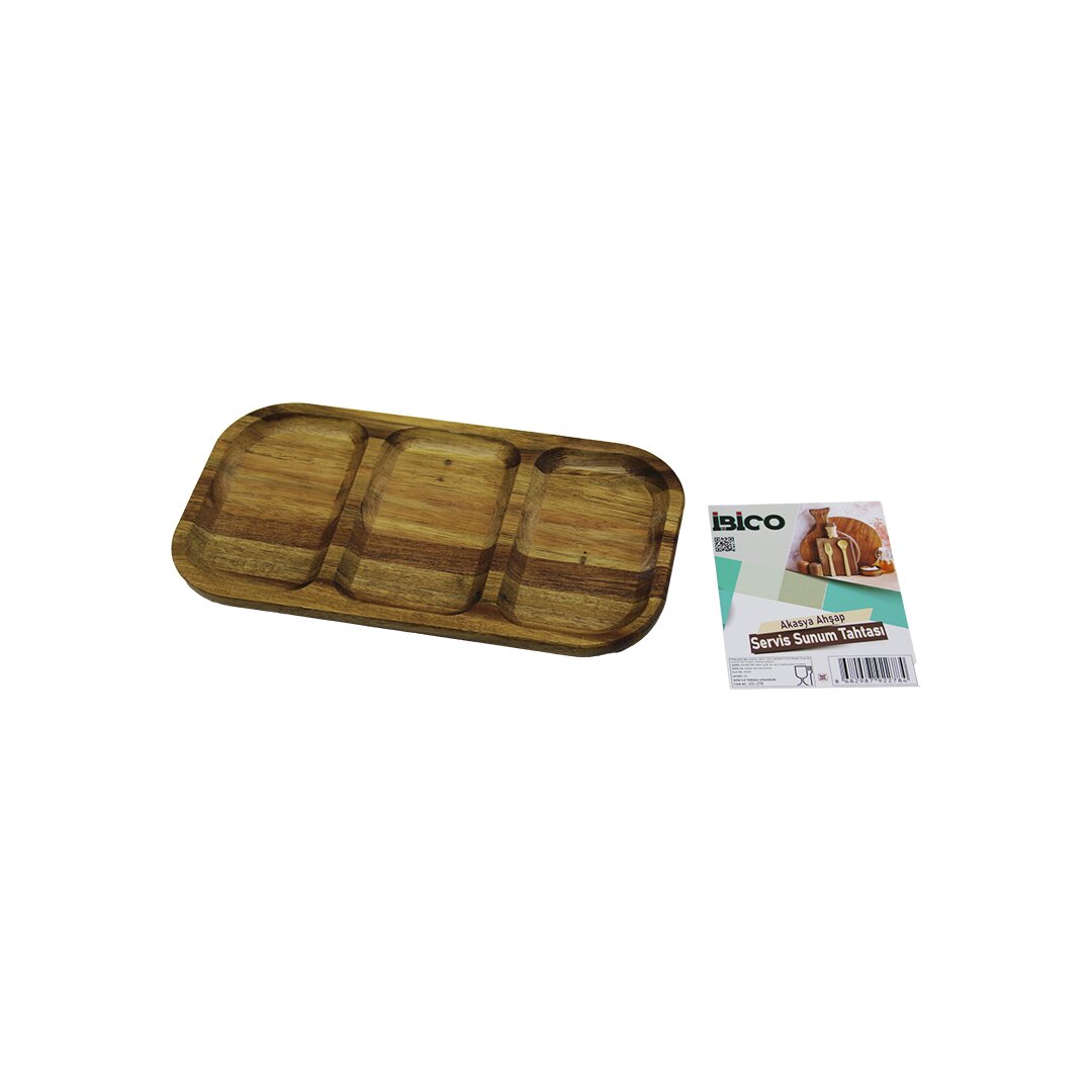 AKASYA DİKDÖRTGEN 3 BÖLMELİ=2+1  AHŞAP SERVİS SUNUM TEPSİ - TAHTASI  25 X 14 X 1.4CM