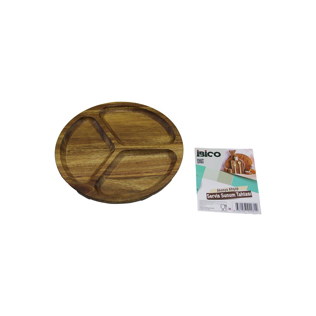 AKASYA YUVARLAK 3 BÖLMELİ  AHŞAP SERVİS SUNUM TEPSİ - TAHTASI  20 X 1.4CM