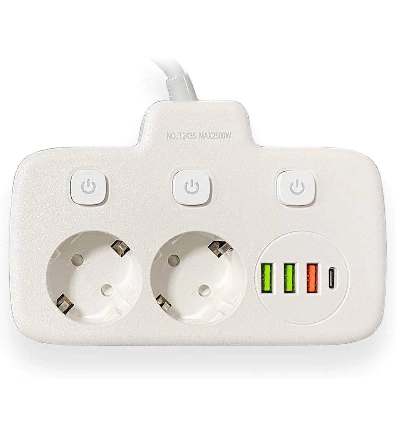 Akım Korumalı 2’li Ayrı Anahtarlı Priz, 2x Priz, 3x Usb, 1x Type-c, 2 Mt Kablo, Hızlı Şarj