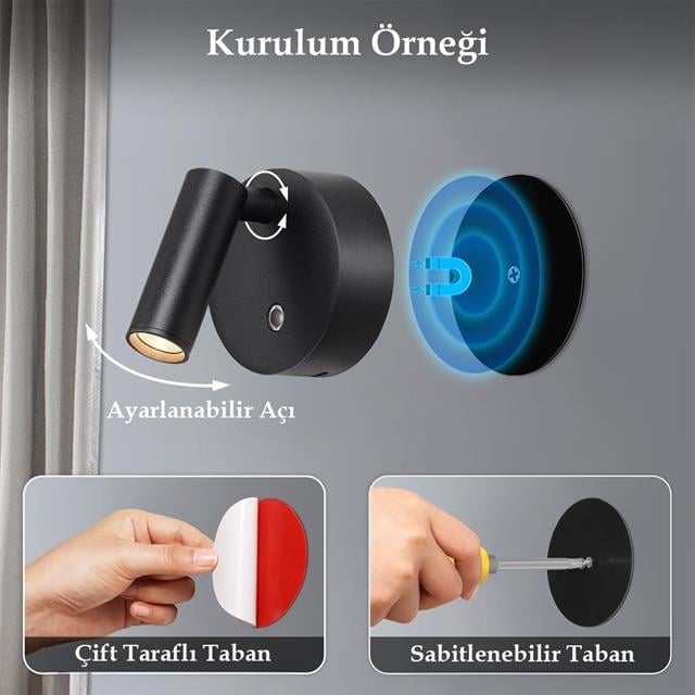 AL-XYD05 Çok Fonksiyonlu Dokunmatik Şarjlı 1200mAh Duvar Aplik 3000K-4000K-6500K TYPE-C Şarj Girişl
