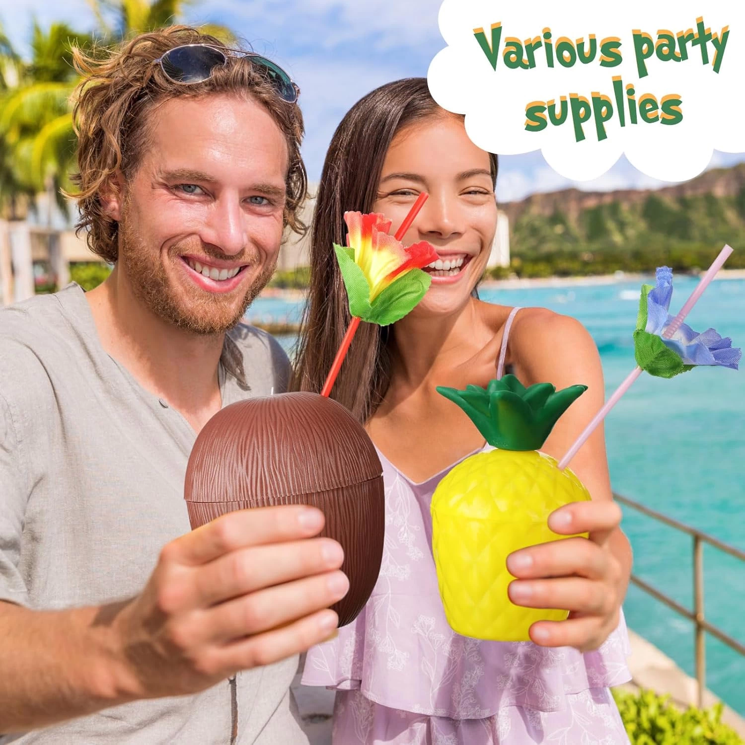 Ananas  Hindistan Cevizi Tasarımlı Pipetli Bardak Seti